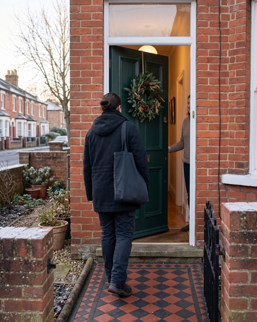 A cleaner arriving at an Oxford front door with a Christmas wreath